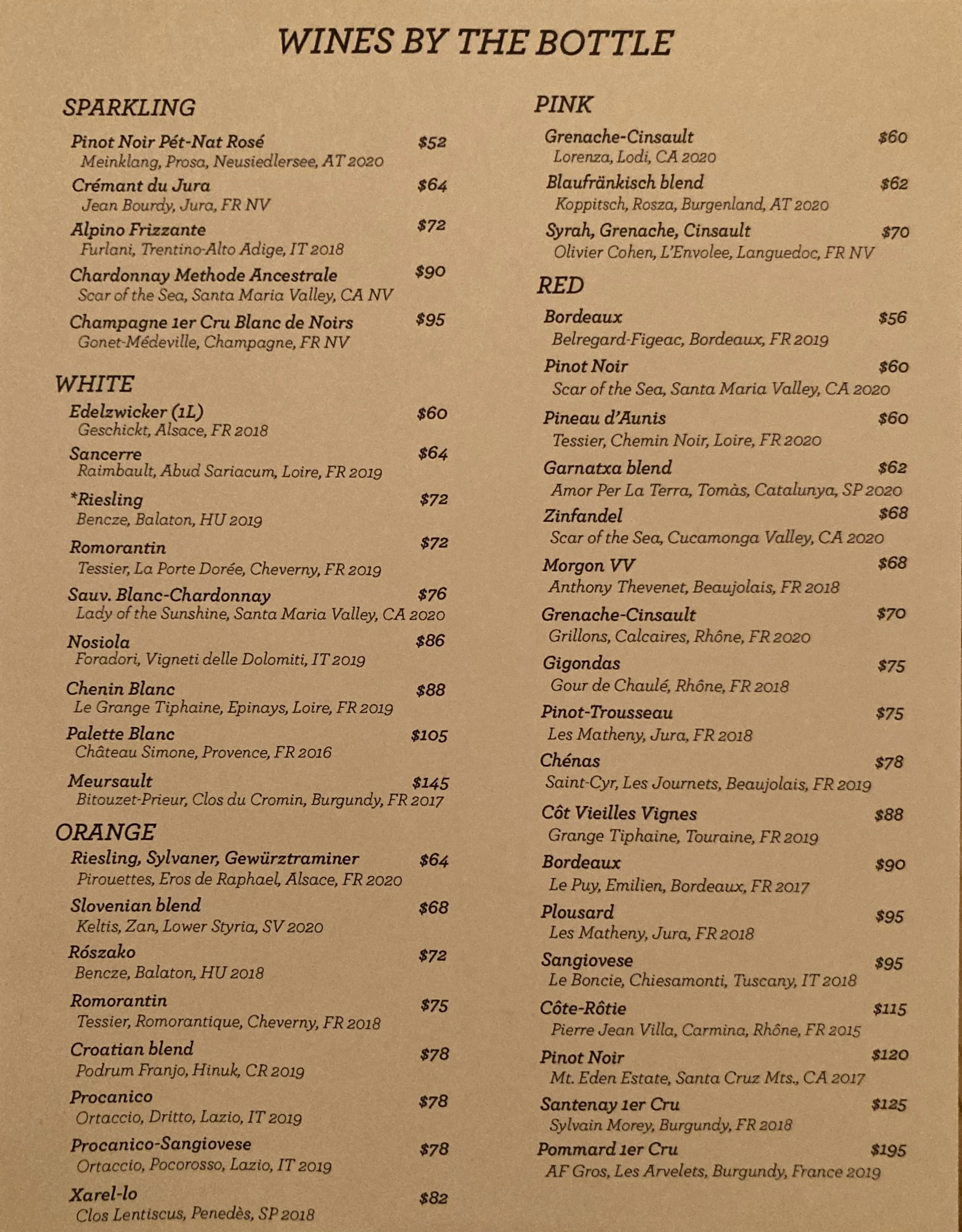 Wine list for outlet restaurant